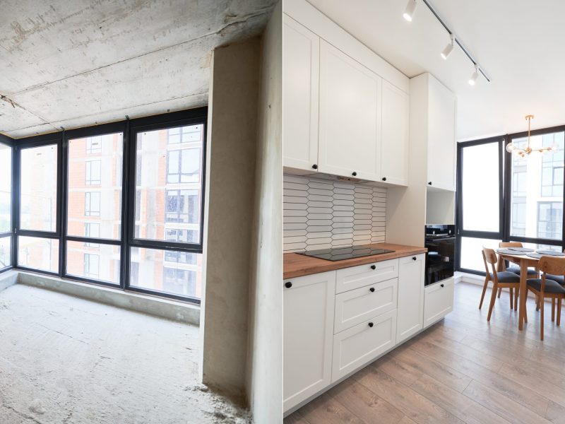 Comparison of old apartment and new flat with modern interior, parquet floor, table, chairs and white walls. Concept of home renovation. Empty room with large window before and after restoration.