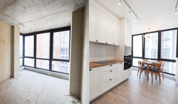 Comparison of old apartment and new flat with modern interior, parquet floor, table, chairs and white walls. Concept of home renovation. Empty room with large window before and after restoration.