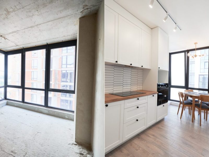 Comparison of old apartment and new flat with modern interior, parquet floor, table, chairs and white walls. Concept of home renovation. Empty room with large window before and after restoration.